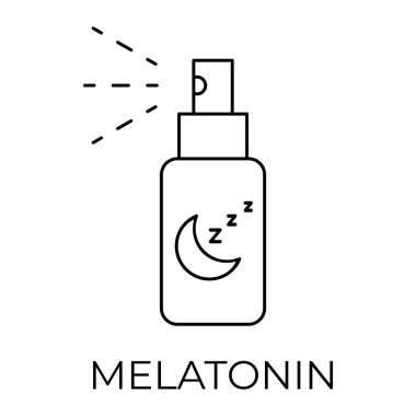 Melatonin sprey hattı ikonu. Uyku ilacı takviyesi. Uyku döngüsü düzenlemesi ve uykusuzluk nöbeti. Çevresel ritim dengesi ve sağlıklı yaşam tarzı için gevşeme yardımı. Uyku zamanı rutini. Vektör illüstrasyonu. 