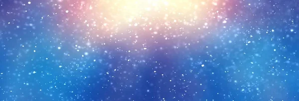 Magical shiny snowfall background. Winter night sky abstract banner. Golden light on blue space. Christmas miracle illustration.