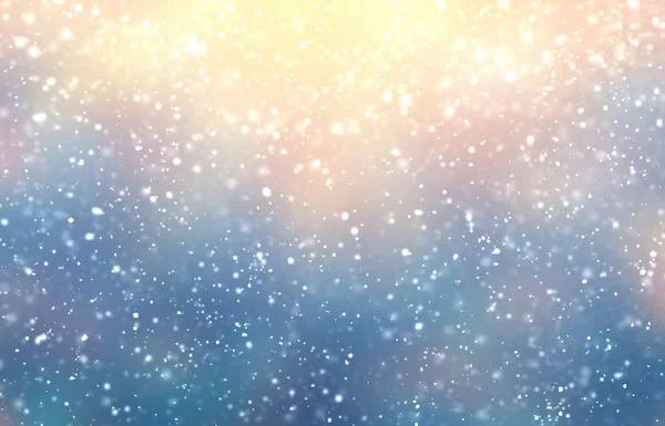 Winter outdoor cool background. Snowfall and festive flare pattern. Yellow blue gradient.