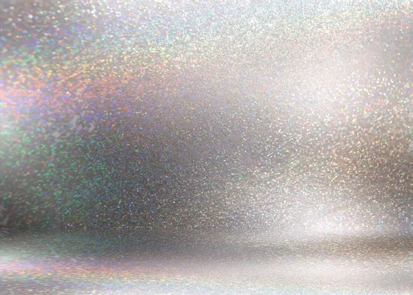 Rainbow spectrum light on glitter silver 3d background. Shimmer metal room. Sparkles pattern. Grey glitz wall and floor.