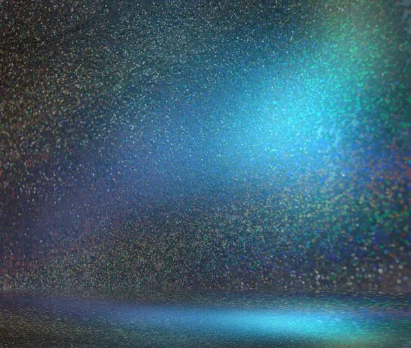 Glitter dark blue green cyan gradient wall and floor. Magical night interior. Shimmer 3d background. Glitz crystals pattern.