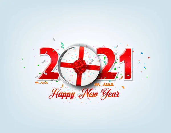Yuvarlak hediye kutusu mutlu yeni yıl kutlamaları 2021 renk konfetisi izole edilmiş, şeffaf efektli. Bayram Noel dekorasyon vektörü şablonu için 3B şablon tasarımı