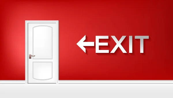 Kırmızı arka plan ok vektör uyarı levhasında beyaz kapılı acil çıkış işareti