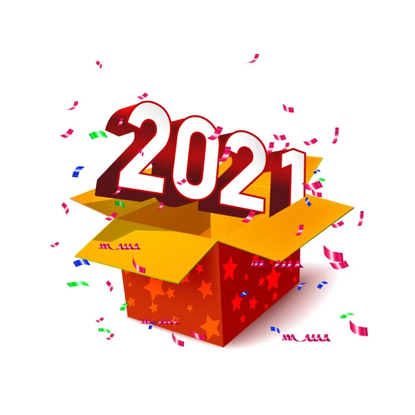 Hediye kutusu Yeni Yıl Kutlaması 2021. Renkli konfeti izole, şeffaf efektli. Şimdiki sihirli kutu. Bayram Noel dekorasyon vektörü şablonu için 3B şablon tasarımı