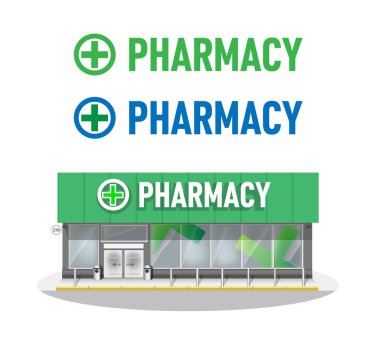 Facade of pharmacy store. Vector drugstore building. Pharmacy shop window Isolated on white background. Flat style vector illustration. Pharmacy logo