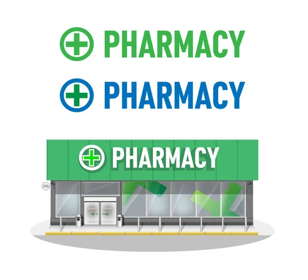 Facade of pharmacy store. Vector drugstore building. Pharmacy shop window Isolated on white background. Flat style vector illustration. Pharmacy logo