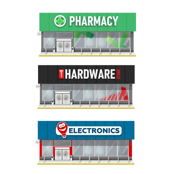 set of building facade illustration. Store of Pharmacy, Electronic shop, hardware store