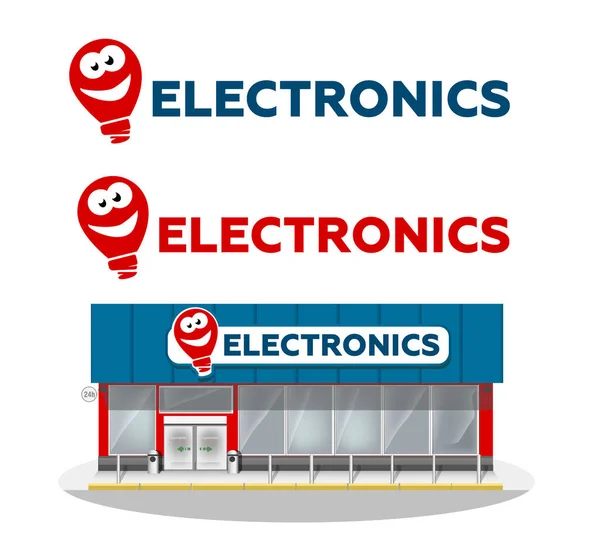 Vector illustration Facade of electronics store building. Flat style vector illustration. Electronic logo