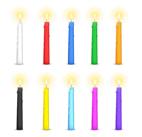 Color burning candle. Set of christmas or birthday candles with flames in Cartoon style. Vector illustration.