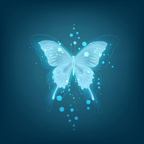 Świecące Tło Neonowym Niebieskim Motylem Białym Tle — Wektor stockowy