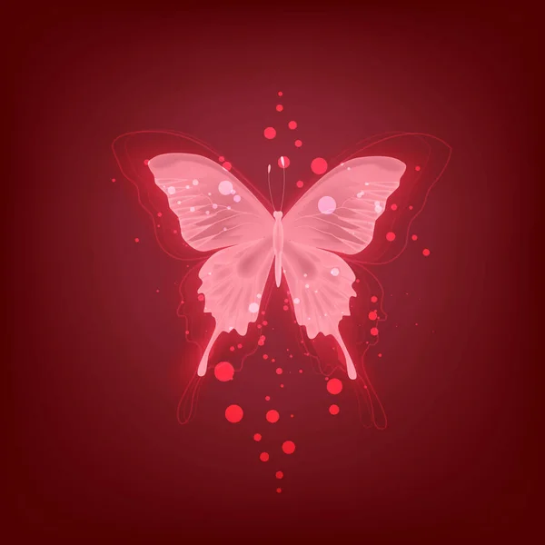 Zářící Pozadí Neonově Červeným Motýlem — Stockový vektor