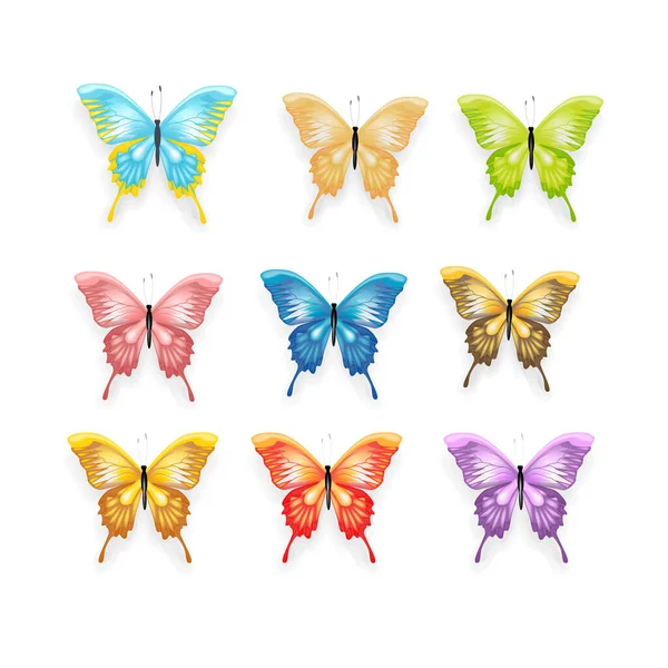 Sada Barevných Motýlů Izolovaných Bílém Pozadí Krásná Kolekce — Stockový vektor