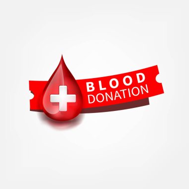 Tıbbi logo kan damlası sembolü yeşil etiketli kırmızı renk. Vektör işareti, simge