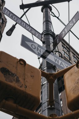 Sokak adı ve yol işaretleri üzerinde bir sokak lambası, Broadway ve E 21 Street Manhattan, New York, ABD.
