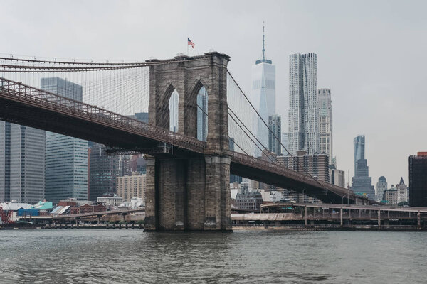 View of the Brooklyn Bridge, New York, USA, from Hudson river.