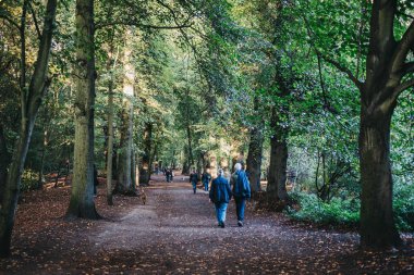 Londra, İngiltere - 27 Ekim 2018: Hampstead Heath ağaçlarda alacakaranlıkta arasında bir yolda yürürken insanlar. Hampstead Heath 320 hektarlık bir Londra'nın en popüler açık alanlarda kapsar.