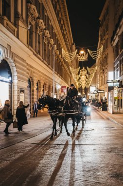 Vienna, Avusturya - 24 Kasım 2018: At arabası Tur akşam Viyana, Avusturya, bir sokakta. Bu turlarda turistler arasında çok popüler olan.