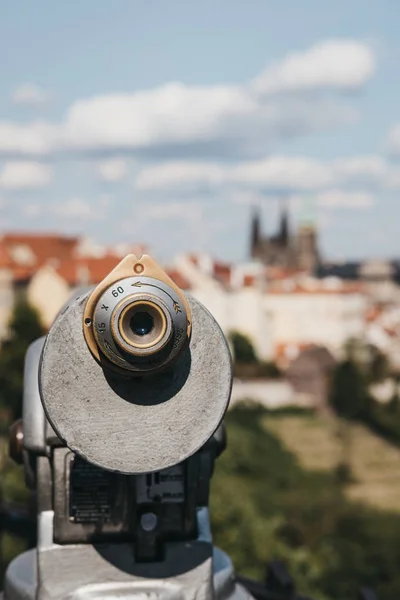Coin Operated Binoculars Viewing Platform Prague Summer Blurred City Background — Stock Photo, Image