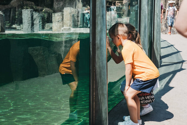 Prague, Czech Republic - August 27, 2018: Kids looking inside aquarium in Prague Zoo, Czech Republic, the fifth best zoo in the world.