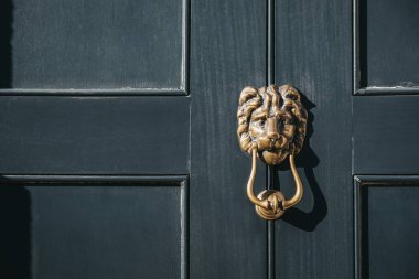 Close up of a lion's head door knocker on a black door. clipart