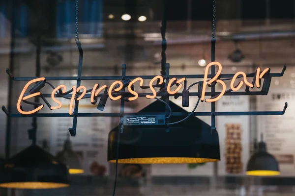 Espresso neon sign on a cafe inside Spitalfields Market, London, — Stock Photo, Image