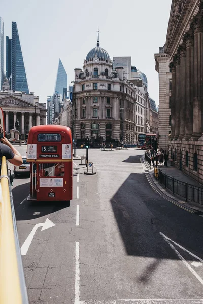 View of street in City of London from top deck of of tour bus in — Stock Photo, Image