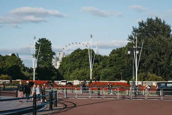 London Eye látható a fák felett kívülről Buckingham palota, L — Stock Fotó