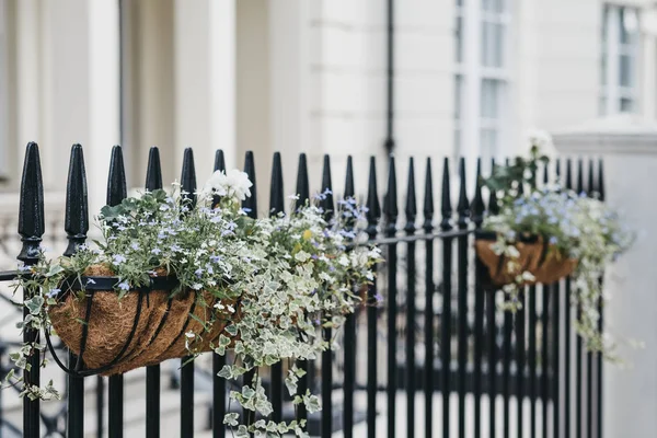 Blumenkörbe auf einem Zaun vor einem Haus. — Stockfoto