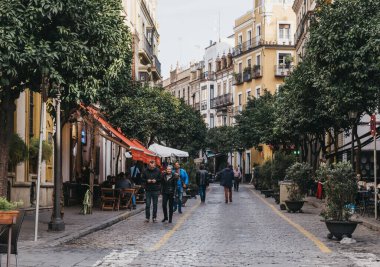 Seville, İspanya - 17 Ocak 2020: Güney İspanya 'nın başkenti Seville' deki tipik cadde ve turistik bir bölge, portakal ağaçlarıyla kaplı, insanlar yolda yürüyor.