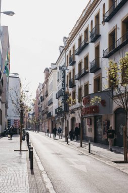 Seville, İspanya - 17 Ocak 2020: Güney İspanya 'nın Endülüs bölgesinin başkenti Sevilla' da kapalı bir caddenin önünden geçen insanlar ve popüler bir turizm beldesi, hareket bulanıklığı.