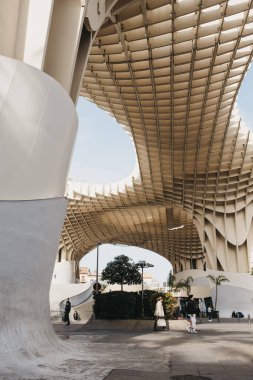 Seville, İspanya - 17 Ocak 2020: Dünyanın en büyük ahşap yapısı olan Metropol Şemsiyesi 'nin alçak açılı görüntüsü, La Encarnacion Meydanı Seville, İspanya.