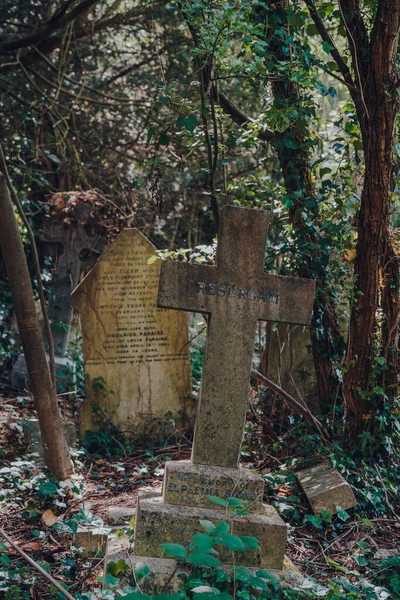 英国伦敦 2020年6月16日 伦敦西汉普斯特德的一座历史性公墓汉普斯特德公墓 Hampstead Cemetery 内墓碑之间的交叉 1876年11月开放 有选择的重点 — 图库照片