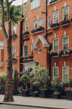 Londra, İngiltere - 20 Haziran 2020: Batı Londra 'da ünlülerin tercih ettiği zengin bir bölge olan Kensington' ın pencerelerinde çiçek sepetleri bulunan kırmızı tuğlalı apartman önü.