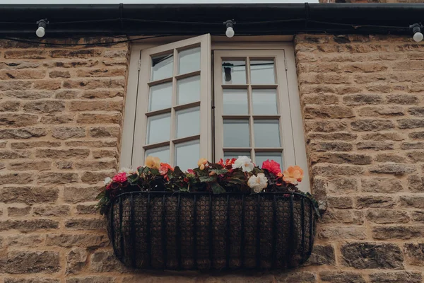 Ángulo Bajo Con Una Ventana Con Una Cesta Flores Una —  Fotos de Stock