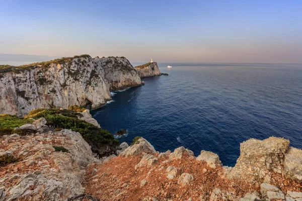 Faro Amanecer Cabo Doukato Isla Lefkada Grecia — Foto de Stock