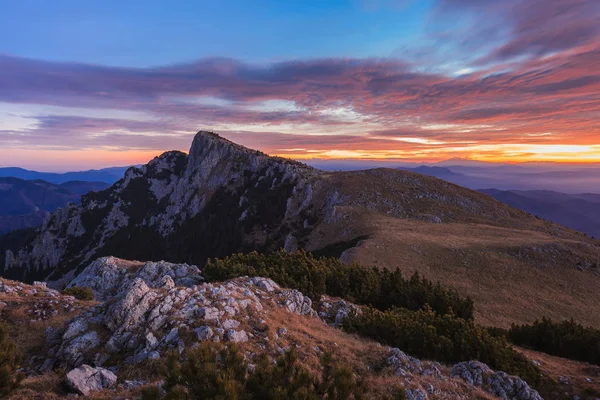 Sonnenaufgang Gebirge Buila Vanturarita Rumänien — Stockfoto