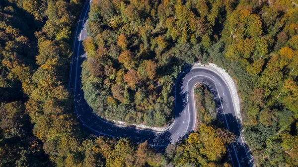 Estrada Curva Pela Floresta Passe Transilvânia Romênia Vista Aérea Drone — Fotografia de Stock