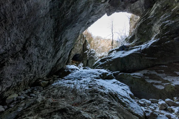 Vstup Jeskyně Ponicova Levém Břehu Dunaje Pohoří Ciucaru Rumunsko — Stock fotografie