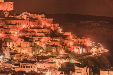 Sassi di Matera geceleri. İtalya
