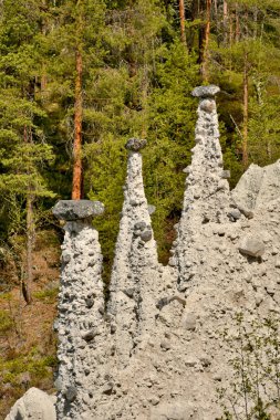 Kvitskriuprestene, Norveç - 5 Haziran 2015: Norveç 'in Oppland ilinin Sel kenti yakınlarındaki Kvitskriuprestene Doğal Anıtı. Taş sütunlar erozyon sonucu moraine maddesinden yapılmıştır..