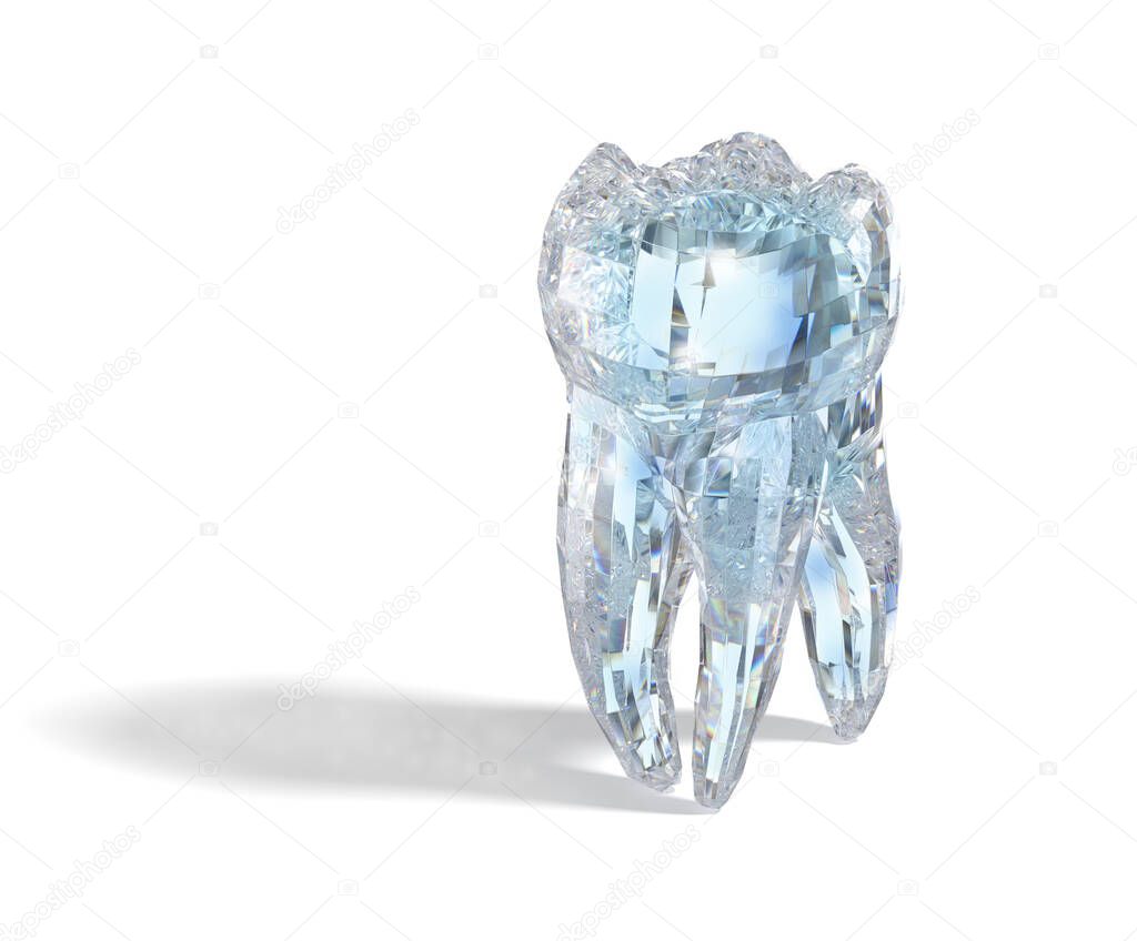 Molar tooth made form diamond material. 3D illustration concept