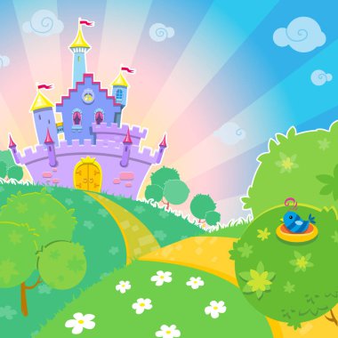 Güneşli yeşil çayır üzerinde çizgi film fairytale kale
