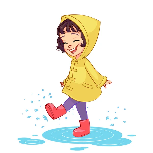 Una Chica Feliz Con Impermeable Amarillo Botas Goma Juega Bajo — Vector de stock