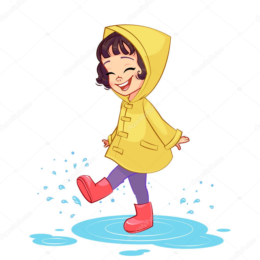 A happy girl in a yellow raincoat and rubber boots plays in the rain, puddle splashing. Isolated kids vector illustration.