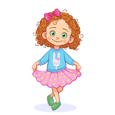 Giysileri üzerinde tavşan olan sevimli bir kız saygı duruşunda duruyor. Beyaz arkaplanda karikatür izole edilmiş çocuk karakteri.