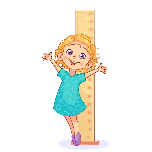 卡通甜美的女孩用一把大尺子衡量自己的成长 然后踮起脚尖站立着 剪贴画儿童矢量图解 — 图库矢量图片