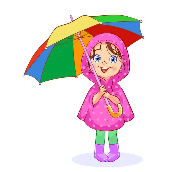 ピンクのレインコートを着た面白い女の子は 明るい多色の傘を持っています ベクトル漫画アウト子 — ストックベクタ