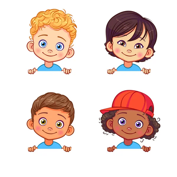 Cartoon Collection Little Boys Portraits Various Human Races Vector Children — Stock Vector