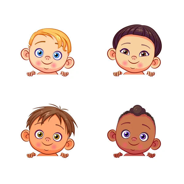一群手持白旗的多族裔男婴 各种发型的不同种族可爱的孩子 — 图库矢量图片