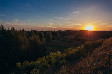 Yaz günbatımı üzerinde orman ufukta